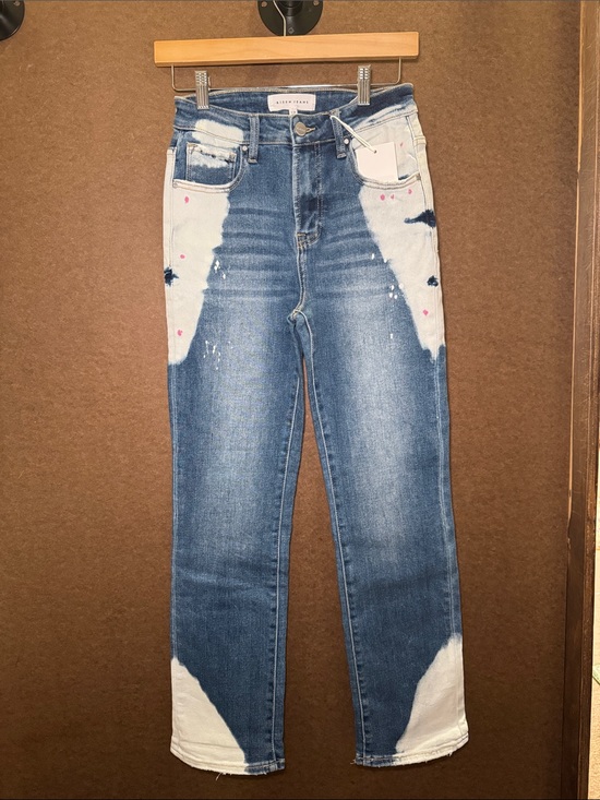 Risen Jeans Denim - High-Rise Two-Tone Blue & White Straight Jeans
